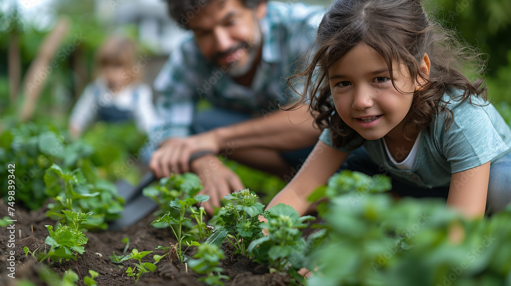 A joyful moment as a parent teaches their child to pick herbs or vegetables from their lush home garden. A joyful moment as a parent teaches their child to pick herbs or vegetables from their lush home garden.