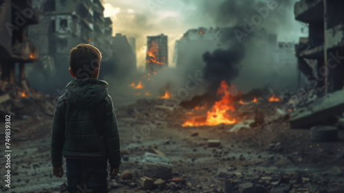 A young boy faces the destruction of war, a poignant scene of hope amidst chaos.
