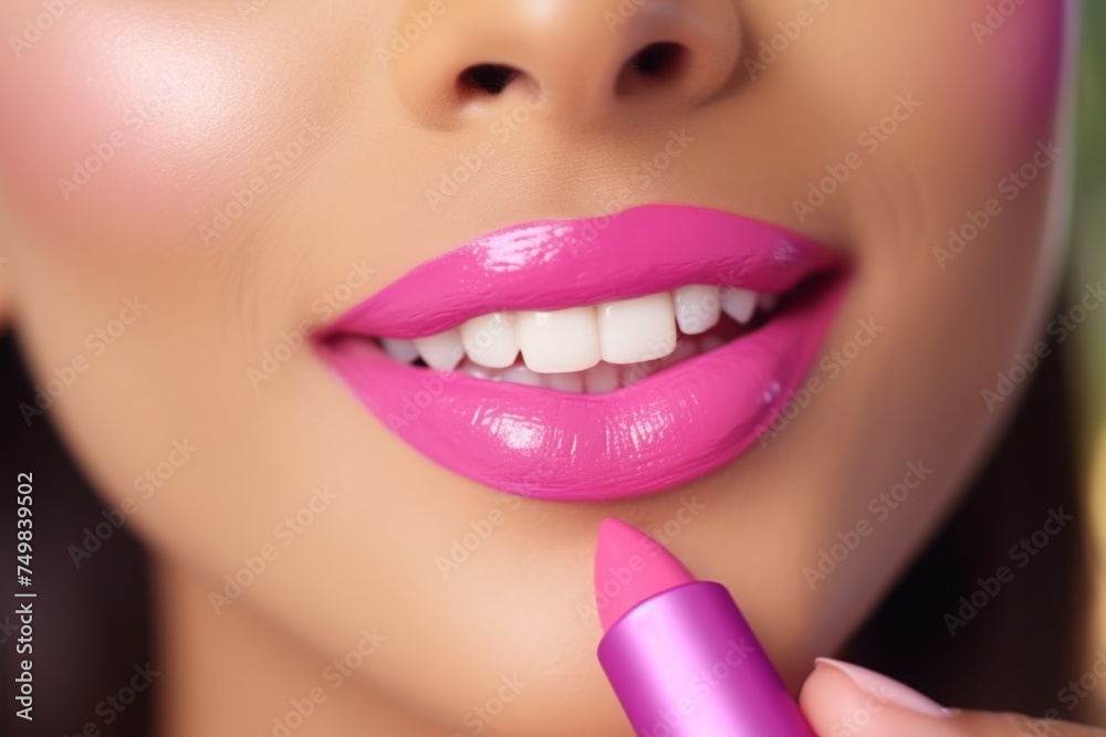 Fototapeta premium Close-up perfect bright colourful trendy pink glossy lip makeup beautiful female woman young model lady applying lipstick mouth plump full lips. Cosmetics visage artist clean skincare treatment vogue