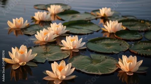 a group of water lilies floating on top of a body of water next to a bunch of lily pads.