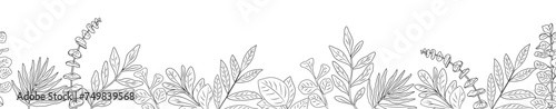 Seamless horizontal pattern, border with eucalyptus leaves line art drawing. Banner, botanical overlay backdrop. Black monochrome ink sketch hand drawn vector illustration on transparent background.