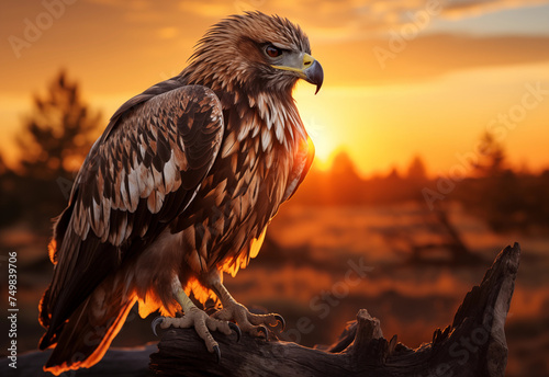 Eagle sunset background dusk. Bird of prey in close-up on a wooden branch at twilight in the rays of the setting sun..