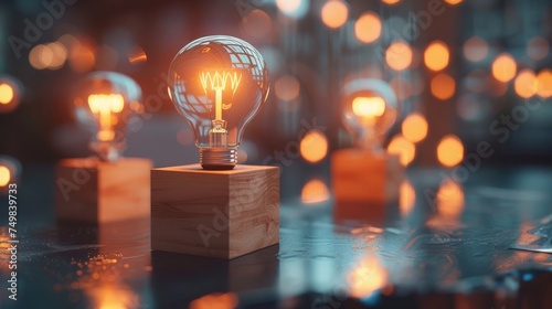 Wooden blocks on a wooden table with light bulbs around, symbolizing bright ideas and creativity in business. Glowing light bulb with wooden blocks photo