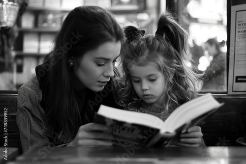 young mother showing and reading a book to her little daughter