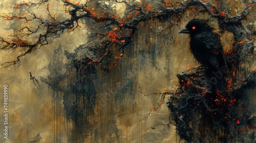 a painting of a black bird perched on a tree branch with red berries on it's branches and branches. photo