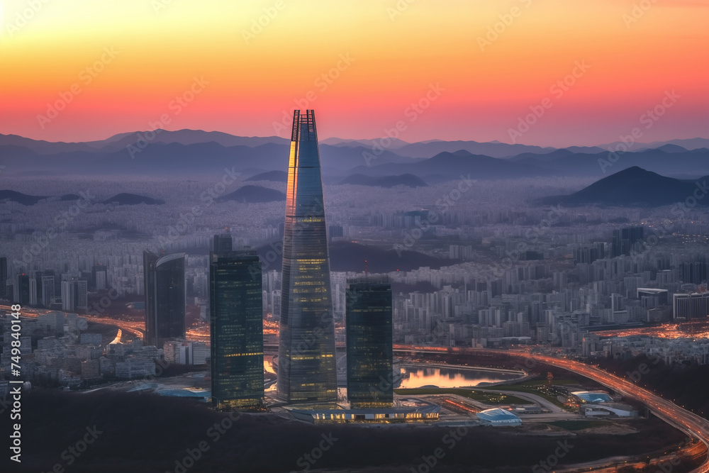 Skyline of Seoul, South Korea, aerial view. Commercial and residential buildings seen from the rooftop of Lotte Corp. World Tower at sunset in Seoul South Korea. Lotte World Tower, Seoul's green tower - obrazy, fototapety, plakaty 