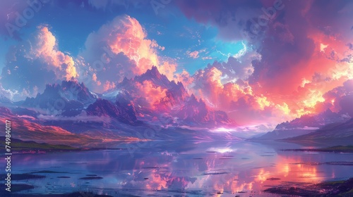 a painting of a mountain range with a lake in the foreground and a sky filled with clouds in the background.