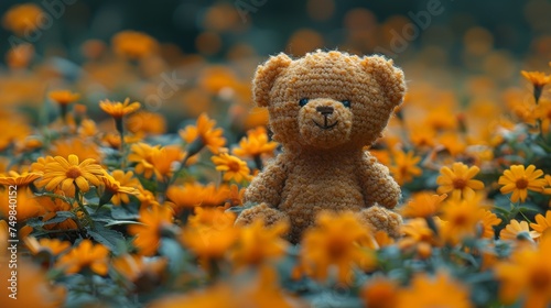 a crocheted teddy bear sitting in a field of sunflowers in front of a blurry background. © Jevjenijs