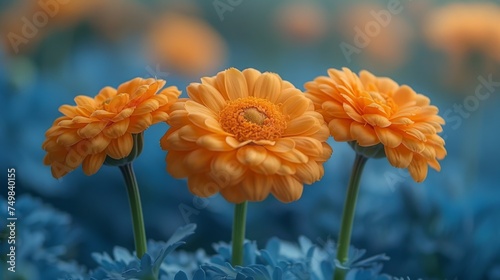 three orange flowers are in the middle of a bed of blue flowers with a blurry background in the foreground. photo
