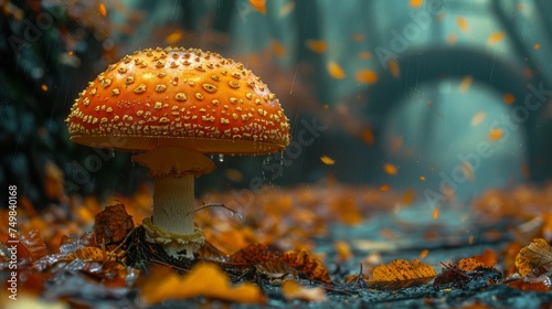 a close up of a mushroom on the ground with leaves on the ground and a bridge in the distance in the background.