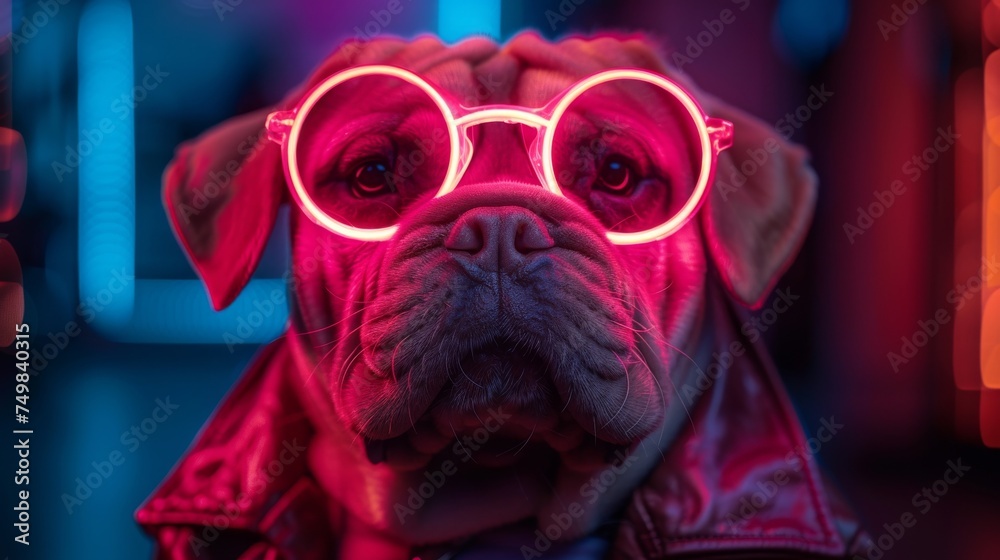 a close up of a dog wearing a pair of pink glasses with a red light on it's face.
