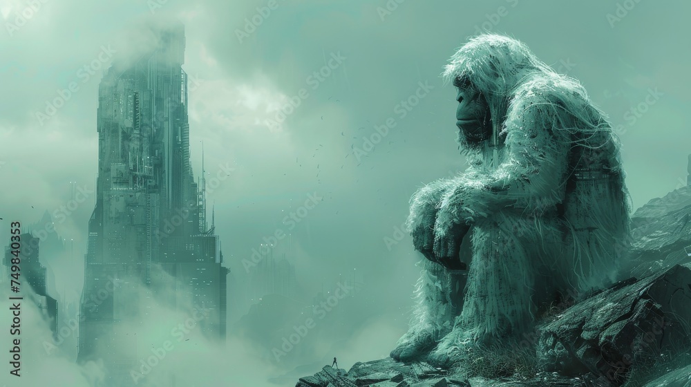 a man sitting on top of a pile of rocks next to a tall building with a giant white gorilla sitting on top of it.