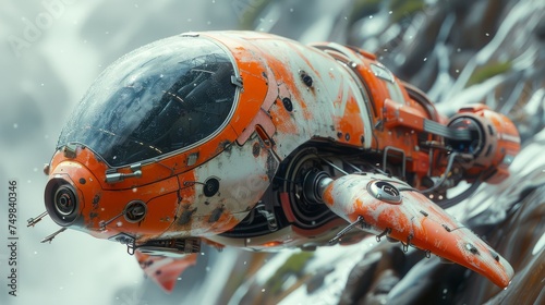 a close up of an orange and white space ship floating in the air with snow on the ground and trees in the background. photo