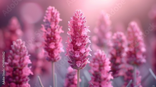a close up of a bunch of flowers with a blurry background of pink flowers in the foreground and a pink sky in the background.