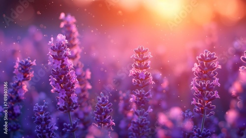 a field of lavender flowers with the sun shining in the background and a blurry image of the flowers in the foreground.