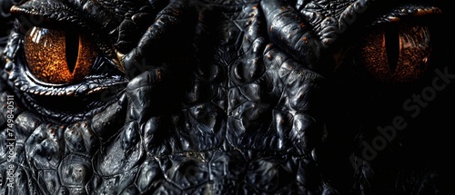 a close up of an alligator's face with orange eyes and black alligator's skin, with a black background.