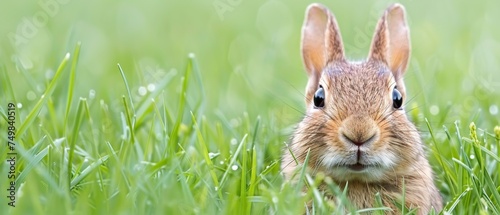 a close up of a rabbit's face in a field of grass with drops of dew on its ears.