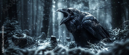 a large black bird standing in the middle of a forest with snow falling on it's ground and trees in the background. photo