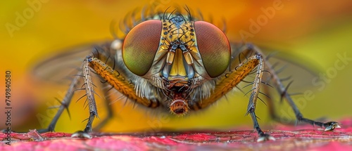 a close up of a fruit fly on a pink and yellow surface with other fruit flies in the foreground. © Jevjenijs