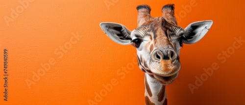 a close up of a giraffe's head against an orange wall with an orange wall in the background.