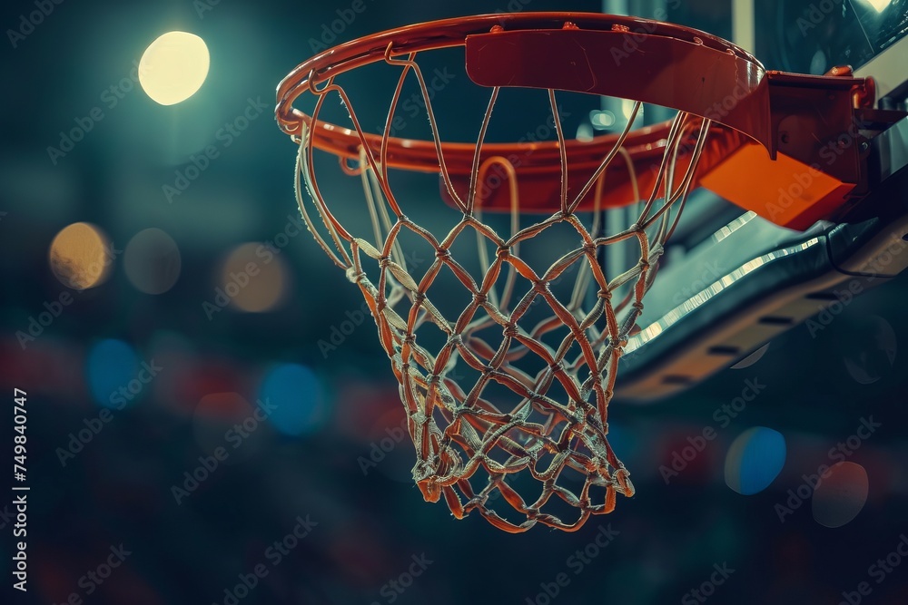 Close-up on hoop and net in a dimly lit indoor arena. The anticipation of a basketball shot. Basketball hoop close-up, anticipation, indoor sports arena.