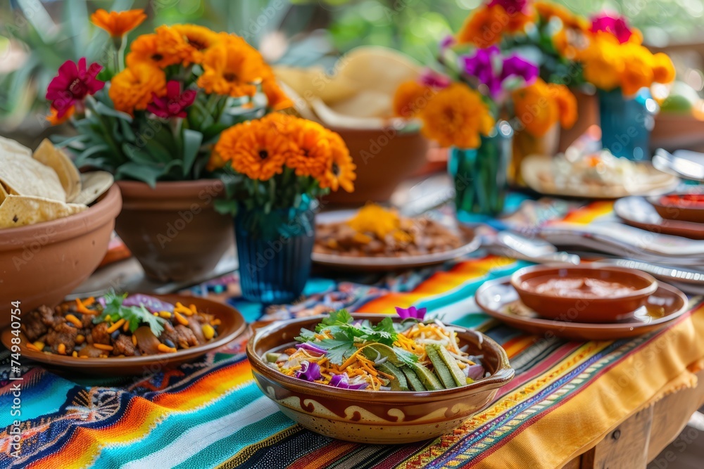 Festive Cinco de Mayo Table Setting with Bright Tablecloth and Traditional Mexican Cuisine. Cinco de Mayo table setting with Mexican cuisine.
