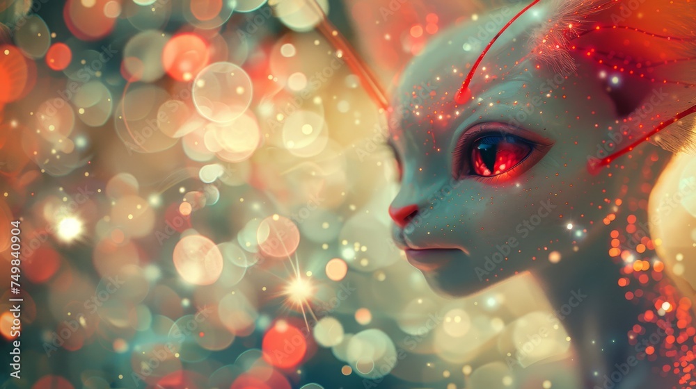 a close up of a cat's face with a lot of lights around it and a blurry background. a close up of a cat's face with a lot of lights around it and a blurry background.