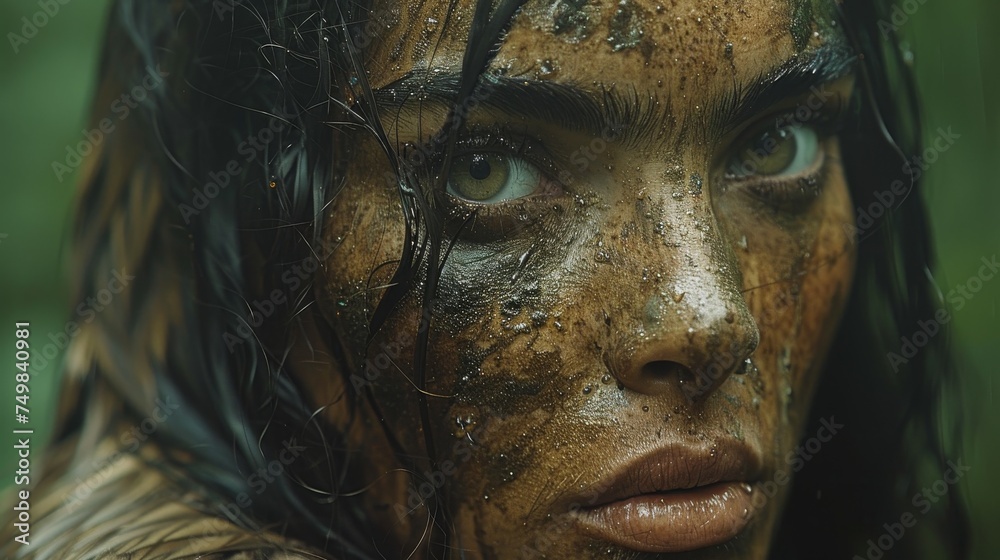 a close up of a woman's face with mud on her face and frecks on her hair.