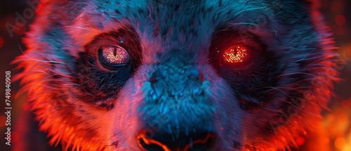 a close up of a bear's face with red eyes and a blurry background of red and blue lights.