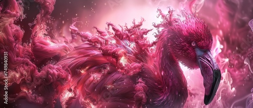 a digital painting of a pink flamingo in the midst of a storm of pink and purple smoke and water. photo