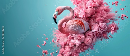 a pink flamingo floating in a pool of water with its head in the water and it's body in the air. photo