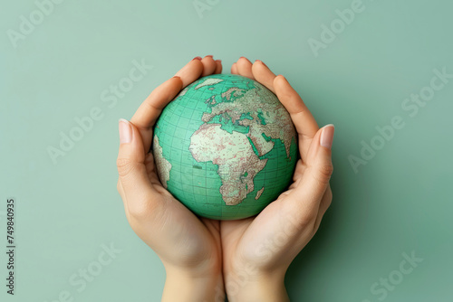 Conceptual Image of a Green Globe Protected in Human Hands, Symbolizing Environmental Care. Hands cradling a green globe in environmental concept.