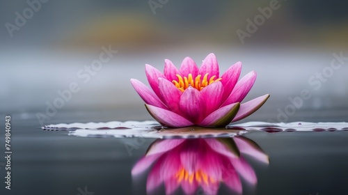 a pink water lily sitting on top of a body of water with a reflection of it's leaves in the water.
