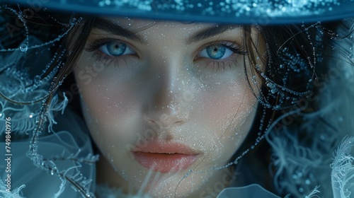 a close up of a woman's face with water droplets on her face and a blue hat on her head. photo