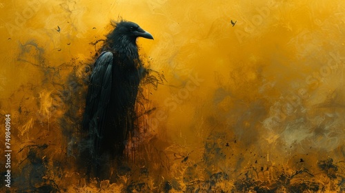 a painting of a black bird standing in the middle of a field of grass and birds flying in the sky. photo