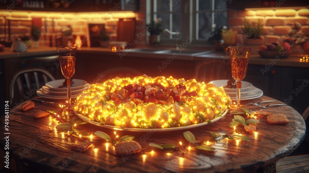 a lighted cake sitting on top of a wooden table next to a glass of wine and a plate of food.