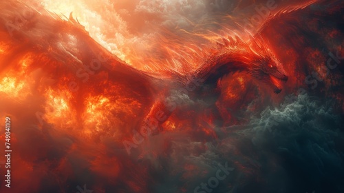 a red and black bird flying through a sky filled with orange and yellow clouds and clouds of fire and smoke.