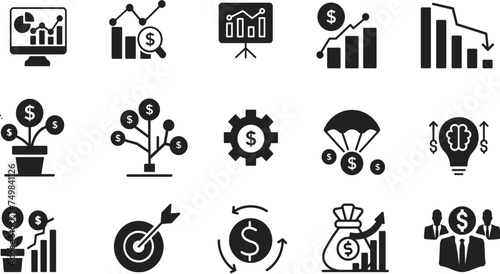 Icon set Investment ,  Containing investor, mutual fund, asset, risk management, economy, financial gain, interest and stock icons. Solid icon collection