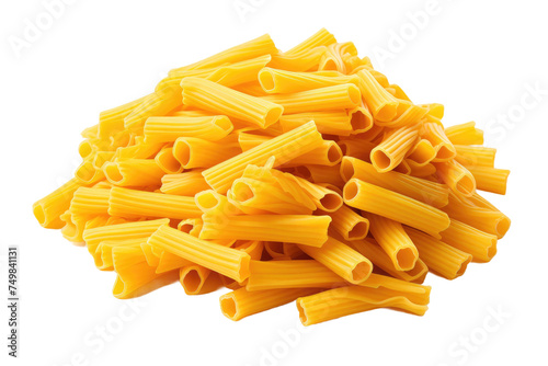 A Pile of Yellow Pasta. A collection of bright yellow pasta piled neatly on a clean white surface. The pasta is uncooked and forms a mound in the center of the frame showcasing its color and shape.