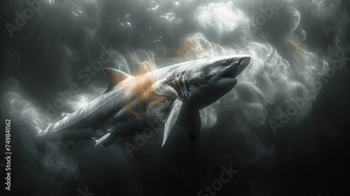 a picture of a shark in the water with a lot of smoke coming out of it's back end. photo
