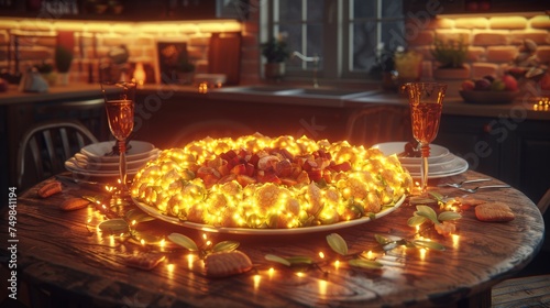 a lighted cake sitting on top of a wooden table next to a glass of wine and a plate of food.