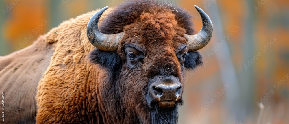 a close up of a bison's face with a blurry background of trees in the foreground and a blurry background of grass in the foreground.