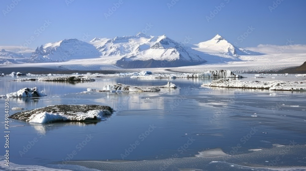 a large body of water surrounded by snow covered mountains and ice covered water with ice floes in the foreground.