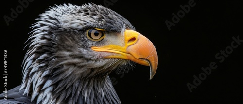 a close up of a bird of prey on a black background with a yellow beak and a black background with a black background.