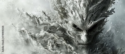 a close up of the face of a monster in a snow storm with snow flakes on its face and branches in the foreground.