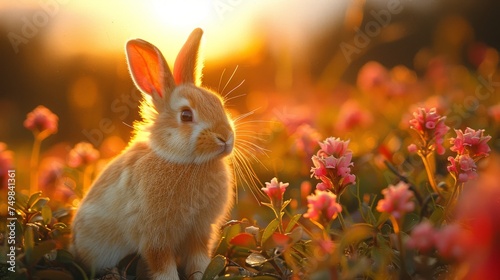 a rabbit sitting in the middle of a field of flowers with the sun shining through the clouds in the background. photo