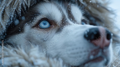 a close up of a dog's face with snow on it's fur covering it's face. photo