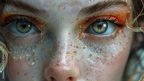 a close up of a woman's face with gold glitters on her face and her eyes are blue. photo
