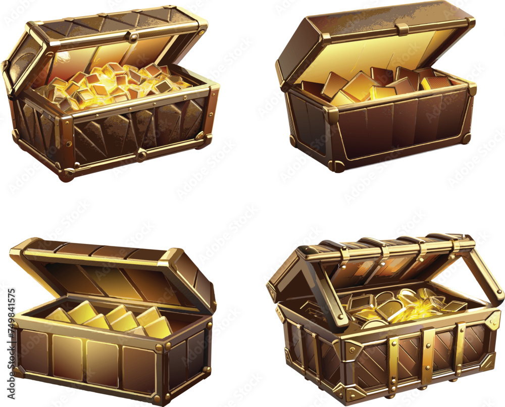 set of treasury chest with gold bars inside set of treasury chest with gold bars inside