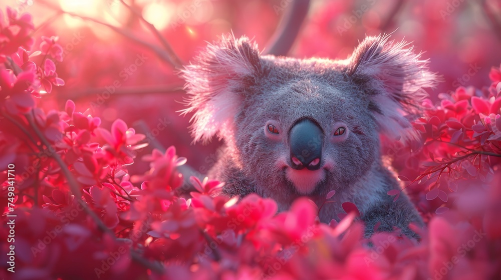 Fototapeta premium a close up of a koala in a tree with pink flowers in the foreground and a pink sky in the background.